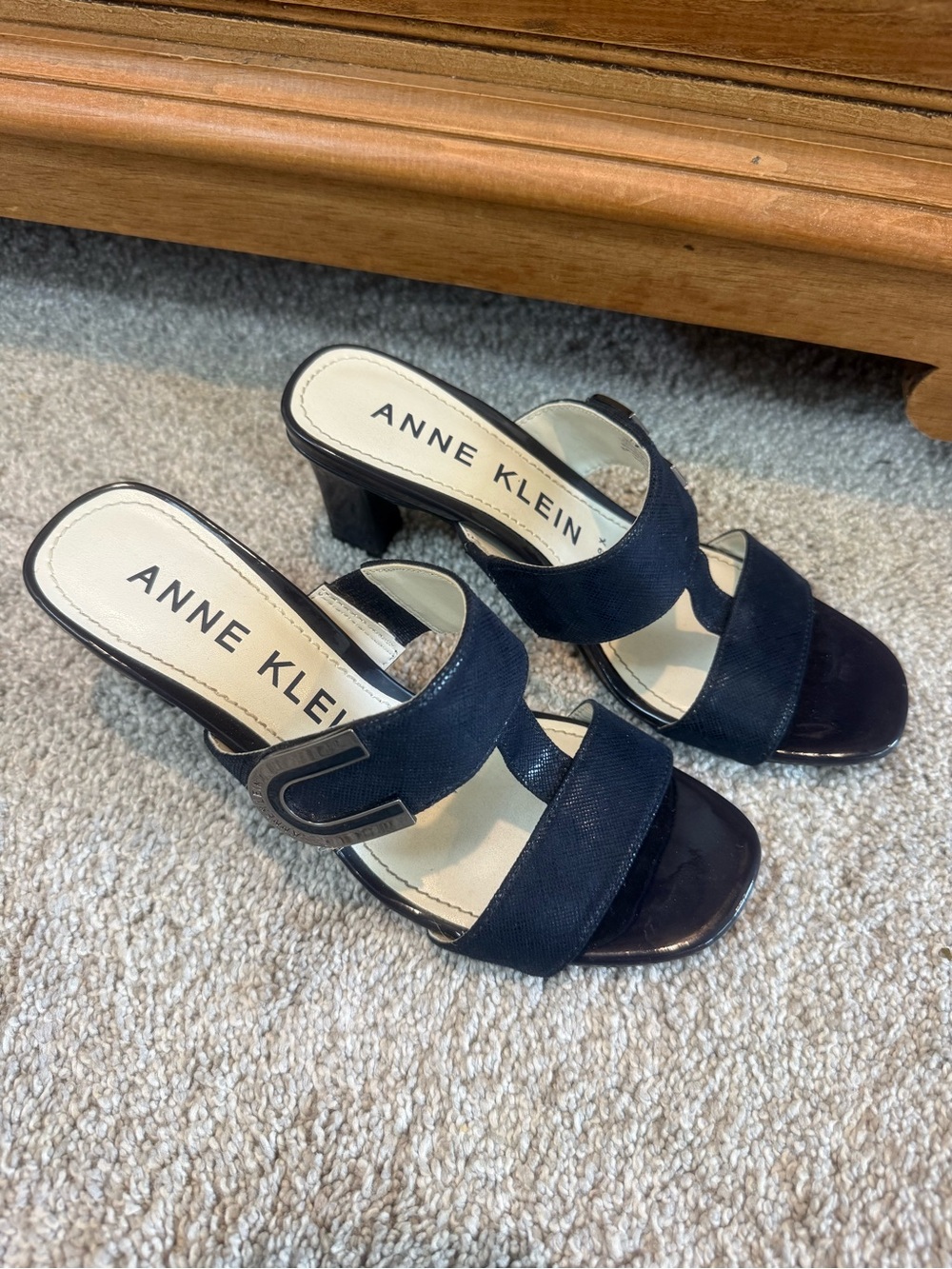 Anne Klein Navy Double-Strap Slip-On Mules